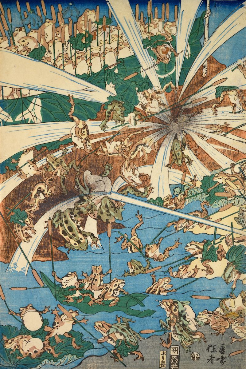 A vibrant Ukiyo-e woodblock print depicting a multitude of frogs with umbrellas in a radial pattern.
