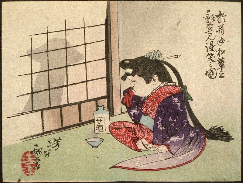 A Japanese woodblock print depicting a woman kneeling near a window, with a bottle and cup beside her.