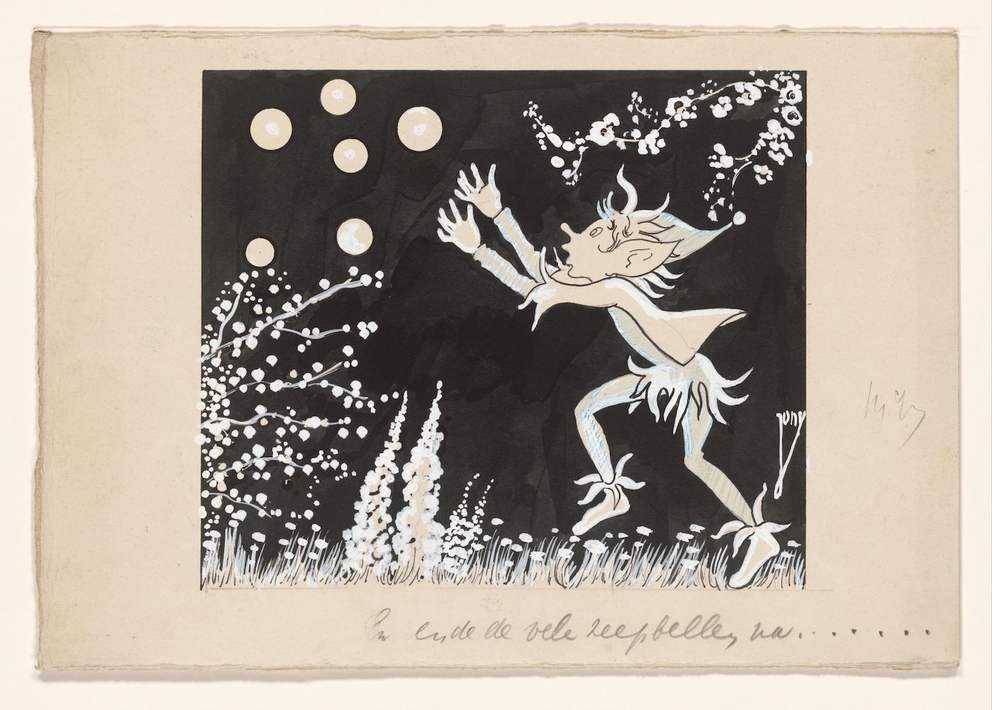 A black and white artwork on a cream-colored paper depicting a slender, elongated figure dancing or reaching towards a series of floating bubbles above dense vegetation.