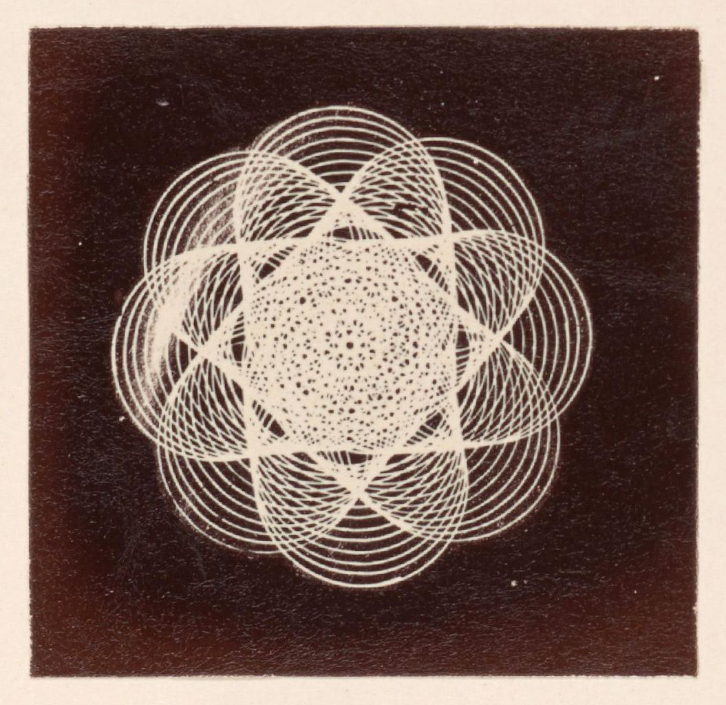 A square-shaped composition featuring a complex geometric pattern against a dark background. The pattern is created by a series of concentric circles that radiate outwards from a central point.