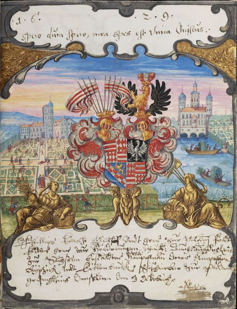 A detailed, colorful illustration of a coat of arms presented by three figures in front of a cityscape.