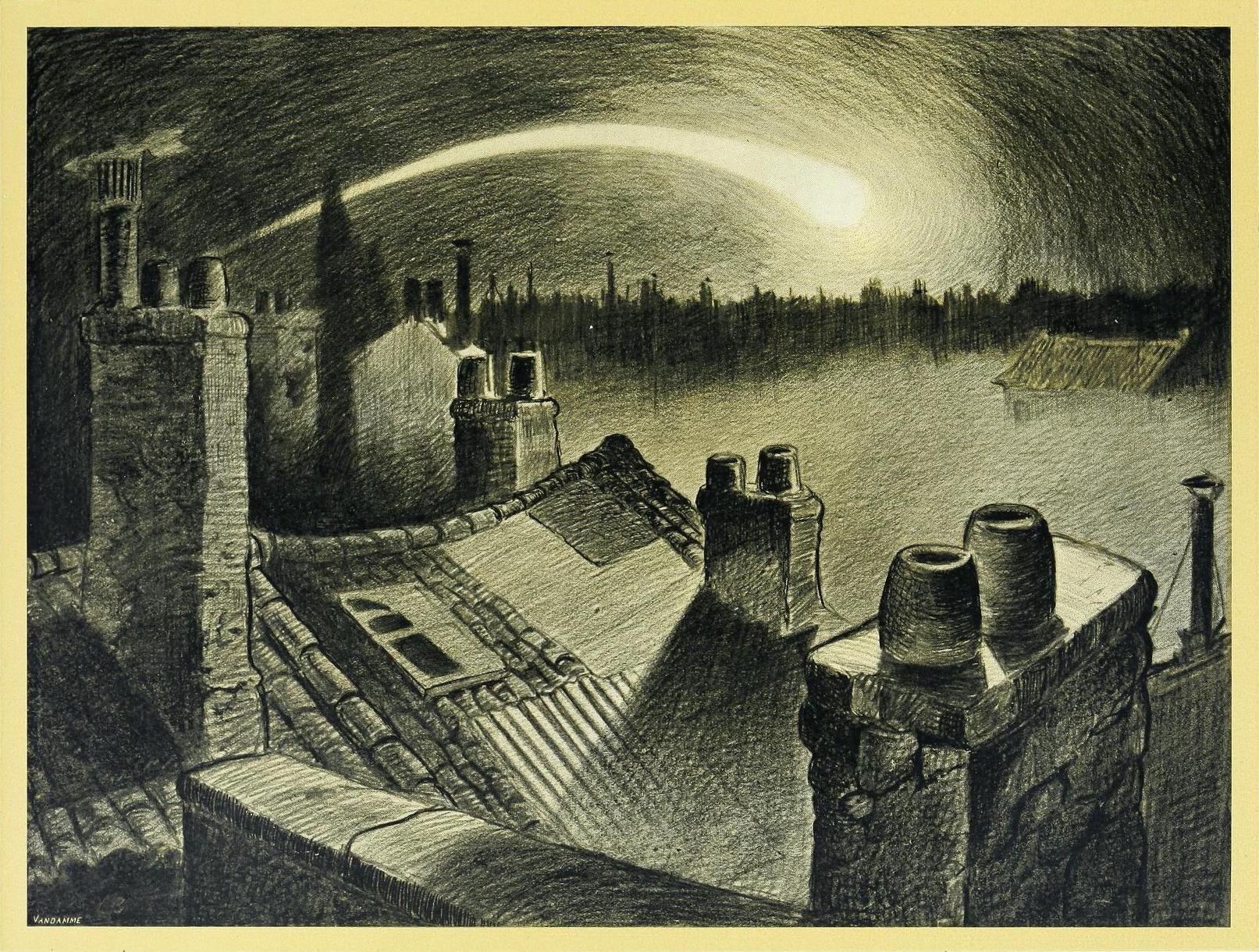 Black and white drawing of a cityscape at night, with rooftops, chimneys, and a bright moon in the sky.