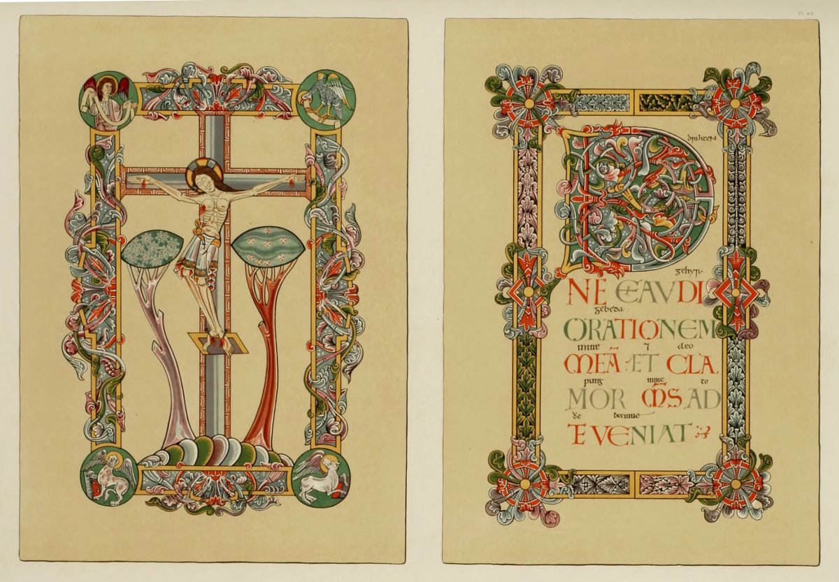 Two pages from an illuminated manuscript, each with intricate borders and vibrant colors. The left page features a central figure surrounded by plants and mushrooms, while the right page is dominated by a large initial letter decorated with knotwork and swirling patterns.