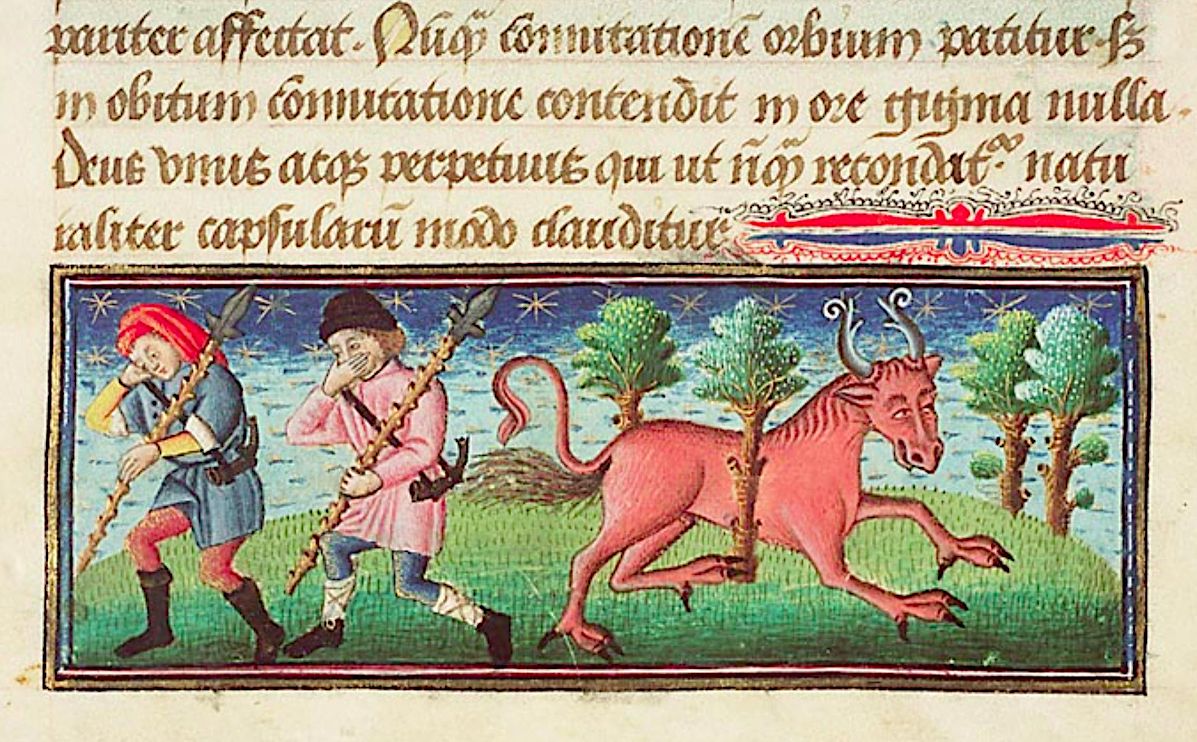 Medieval manuscript illustration of two hunters pursuing a pink bull-like creature.