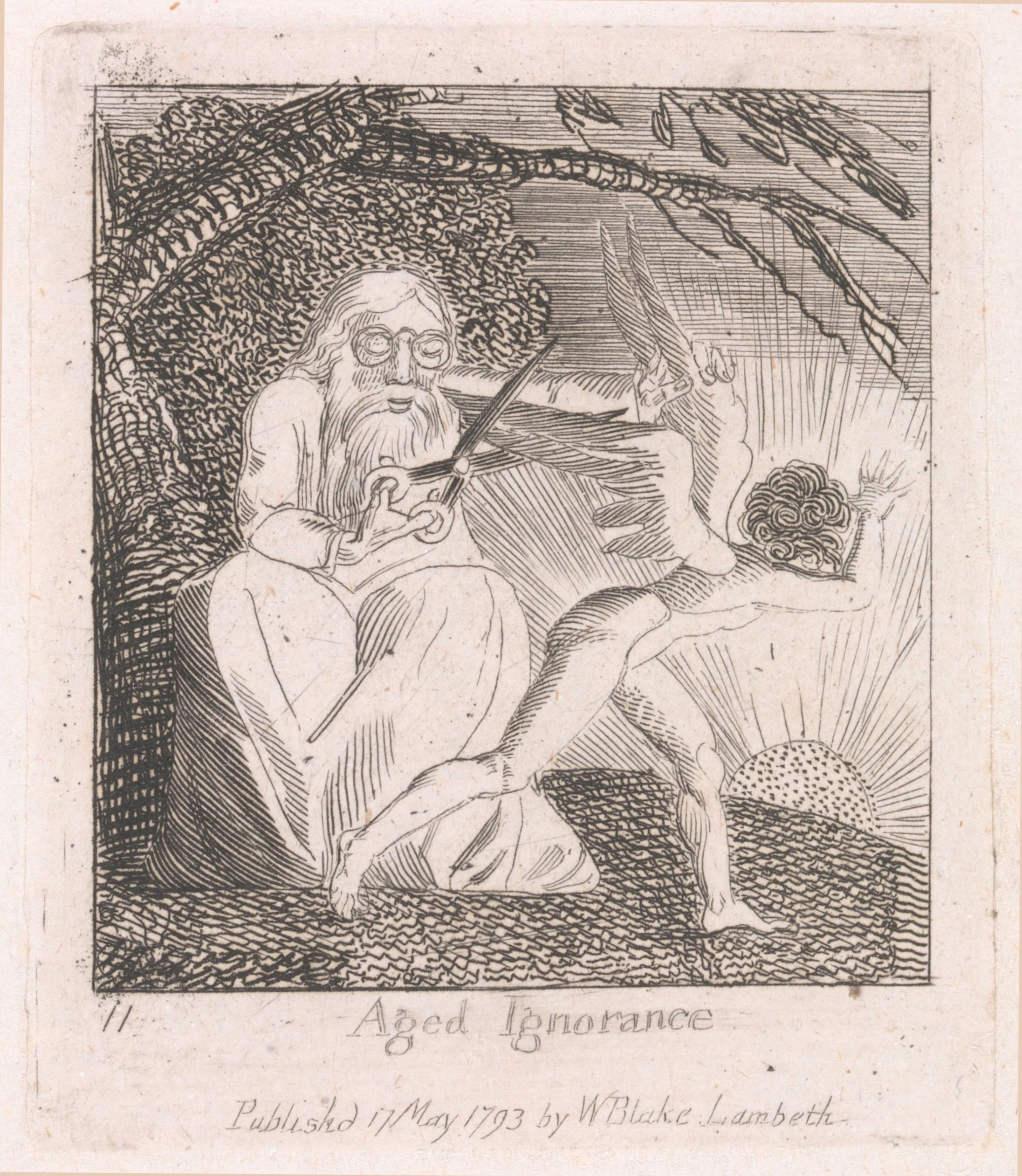 A black and white engraving titled 'Aged Ignorance' by William Blake, published on May 1793. The image depicts an elderly man seated on a rocky outcrop, seemingly in a natural setting. He is hunched over, with a long, flowing beard and hair, and wears spectacles. He is holding a long, thin object, possibly a staff or a pointer, and appears to be gesturing towards a small, spherical object in the distance.