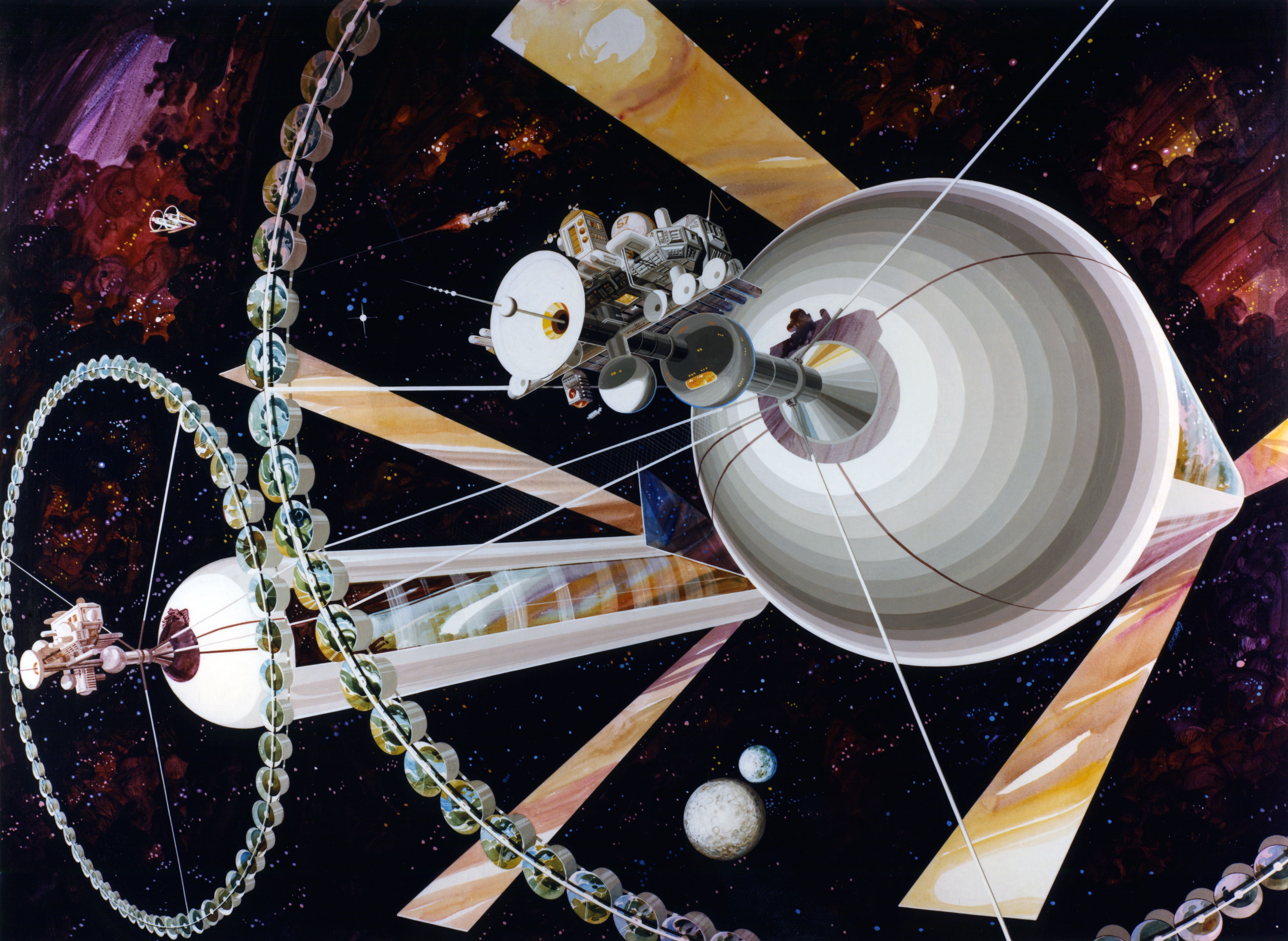 A retro-futuristic illustration of a large space station complex in deep space, featuring a cylindrical station with concentric rings, a massive orbiting ring structure, and several spacecraft.