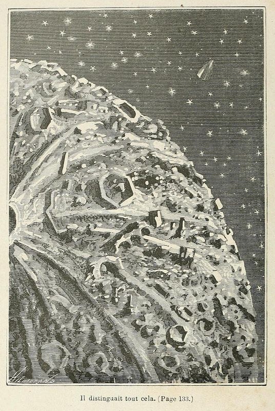 Vintage illustration of a cratered moon with a spacecraft ascending and stars in the background.