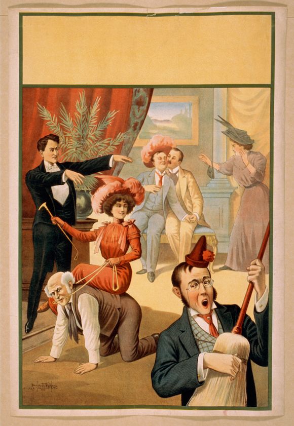 Vintage lithograph poster depicting a chaotic and humorous scene with a magician and various comical characters.