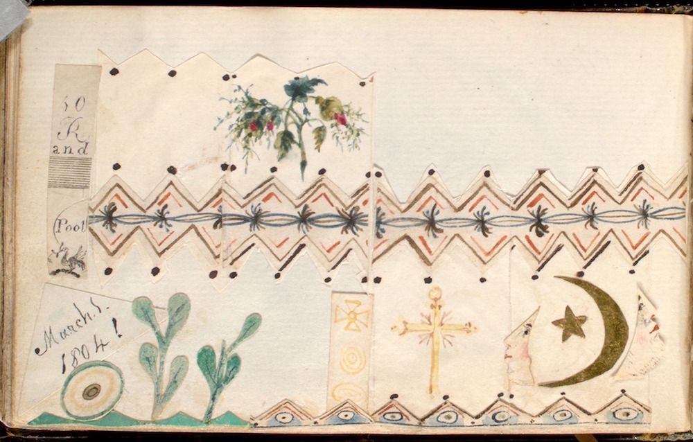 A vintage scrapbook page with hand-drawn and pasted elements, including a floral arrangement, cactus, moon and star, and a geometric pattern. The page has a whimsical, folk-art aesthetic.
