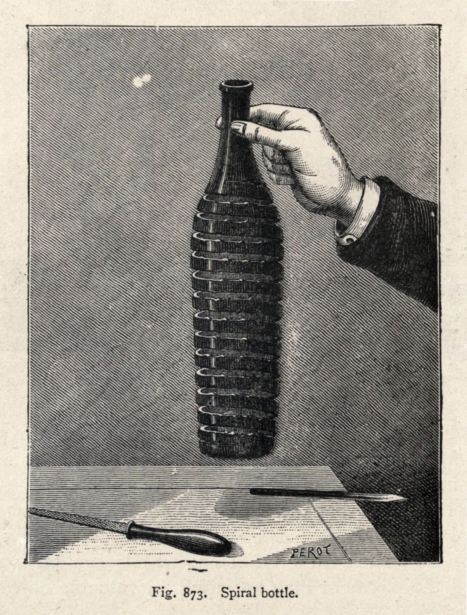 A vintage illustration of a spiral bottle being held by a hand, with a knife below it.