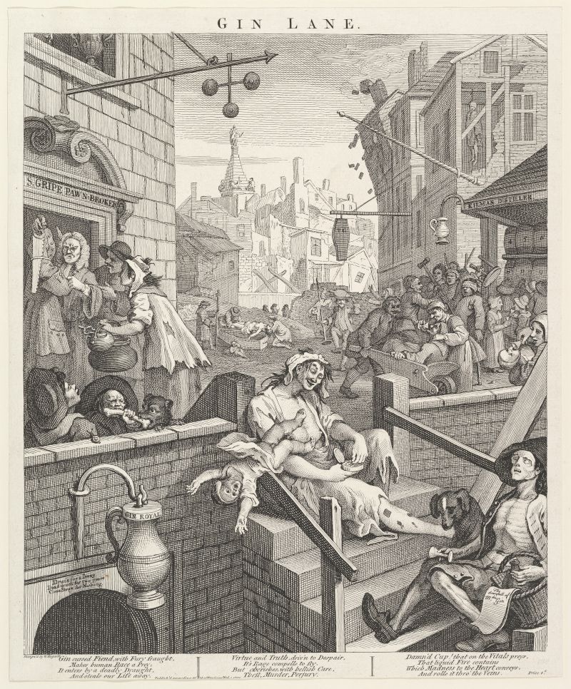 A black and white engraving titled "Gin Lane" depicting a chaotic and impoverished street scene in 18th-century London, illustrating the social problems caused by widespread gin consumption.