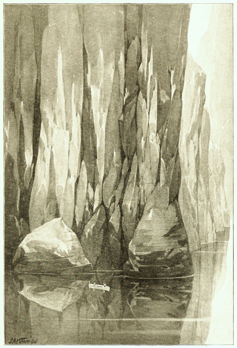 Vintage illustration of a small boat navigating icy waters near a towering iceberg.