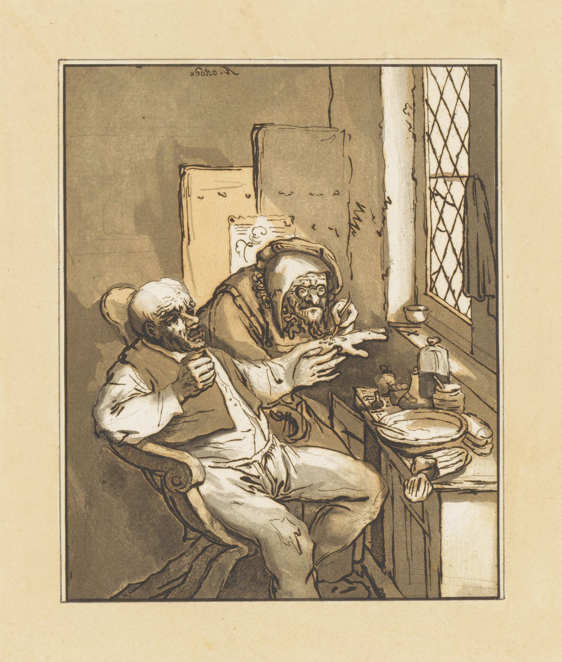 A sepia-toned drawing of two elderly men seated at a small table in a sparsely furnished room.