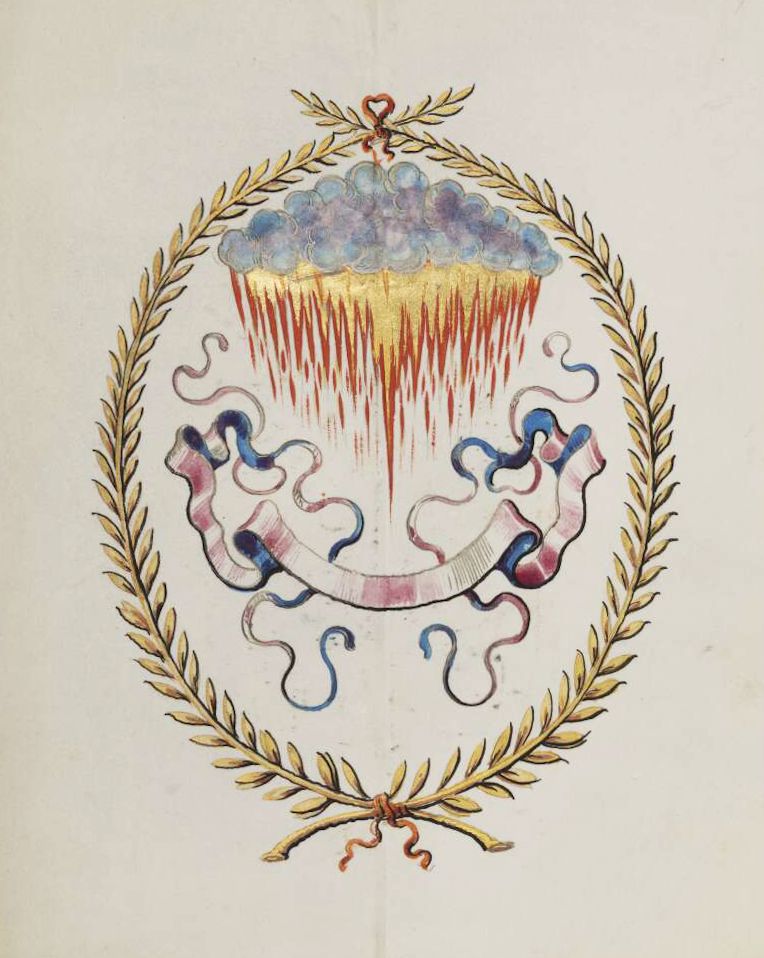 Decorative emblem with a wreath, cloud, rainbow, and rain.