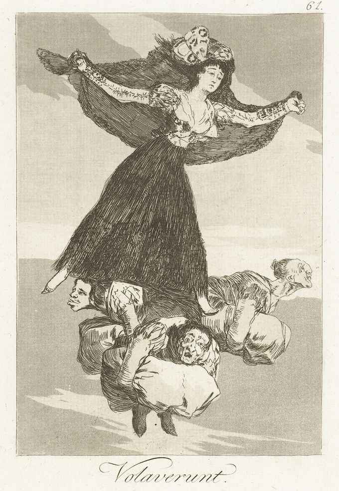 A black and white etching depicting a woman suspended in the air, carried by a group of tumbling men. The scene is dramatic and unsettling, with themes of power, control, and the consequences of ambition.