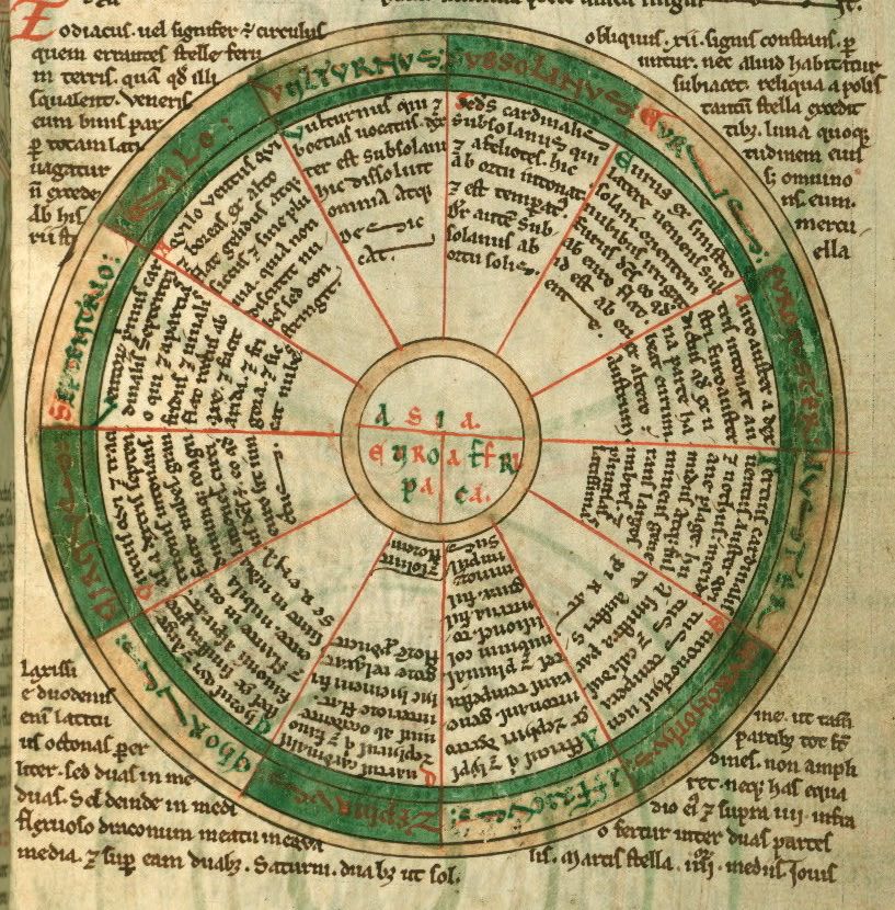 A detailed image of a medieval manuscript illustration featuring a complex circular diagram filled with dense, handwritten text in Latin.
