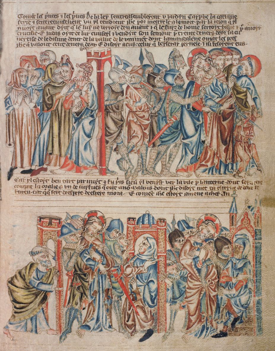 A detailed medieval manuscript illumination depicting two scenes: an upper register showing a procession into a city, and a lower register showing a city under siege.