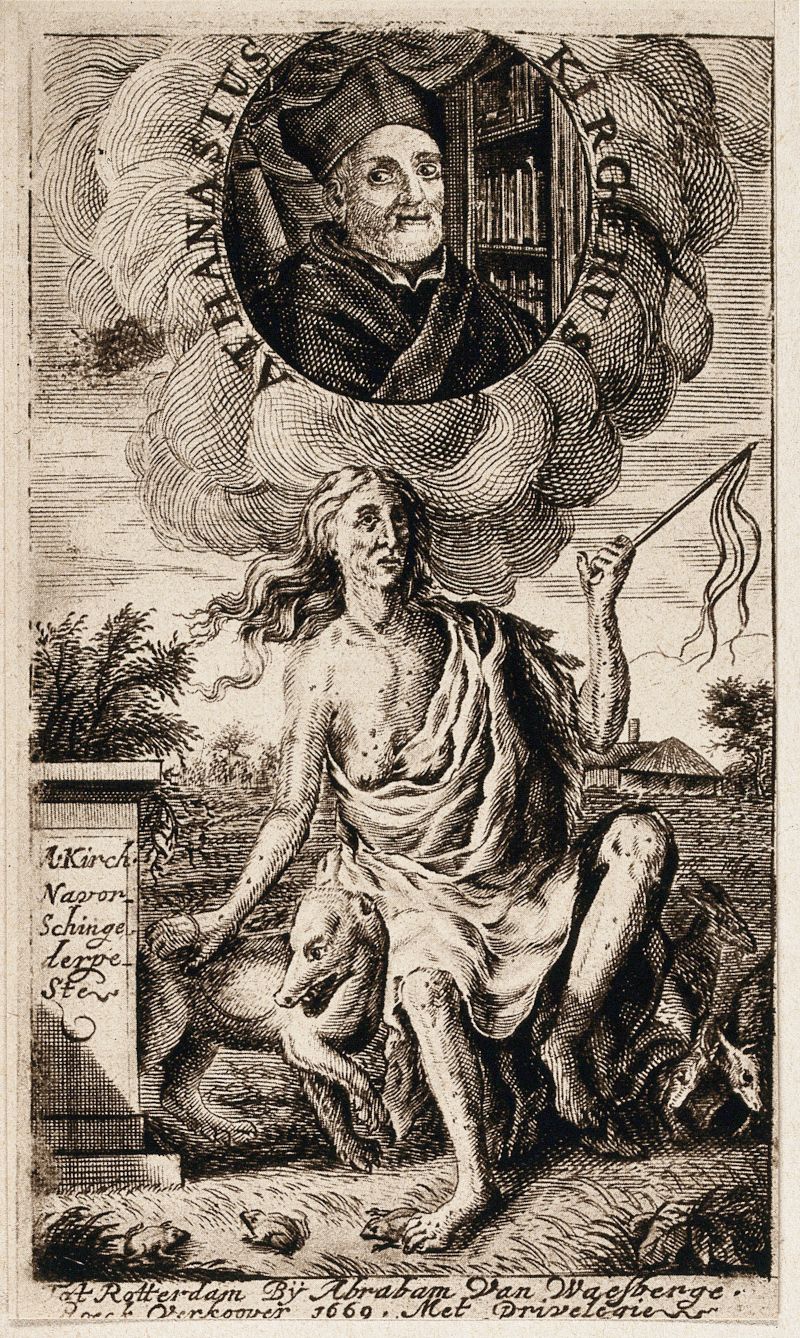 A black and white engraving from 1669 depicting a portrait of a man above a classical woman seated in a landscape.