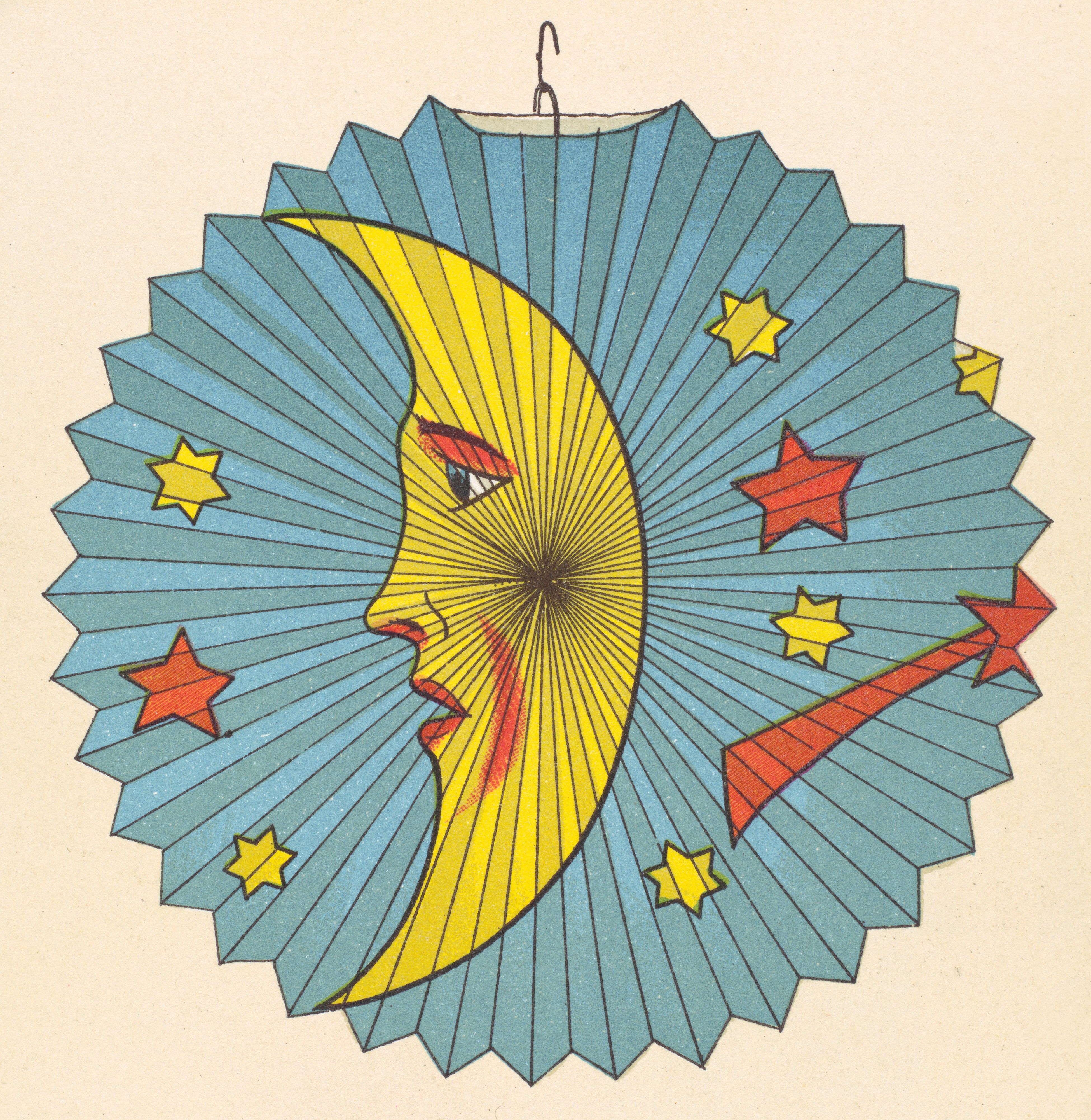 Vintage illustration of a teal lantern with a golden crescent moon face, stars, and a red ribbon.