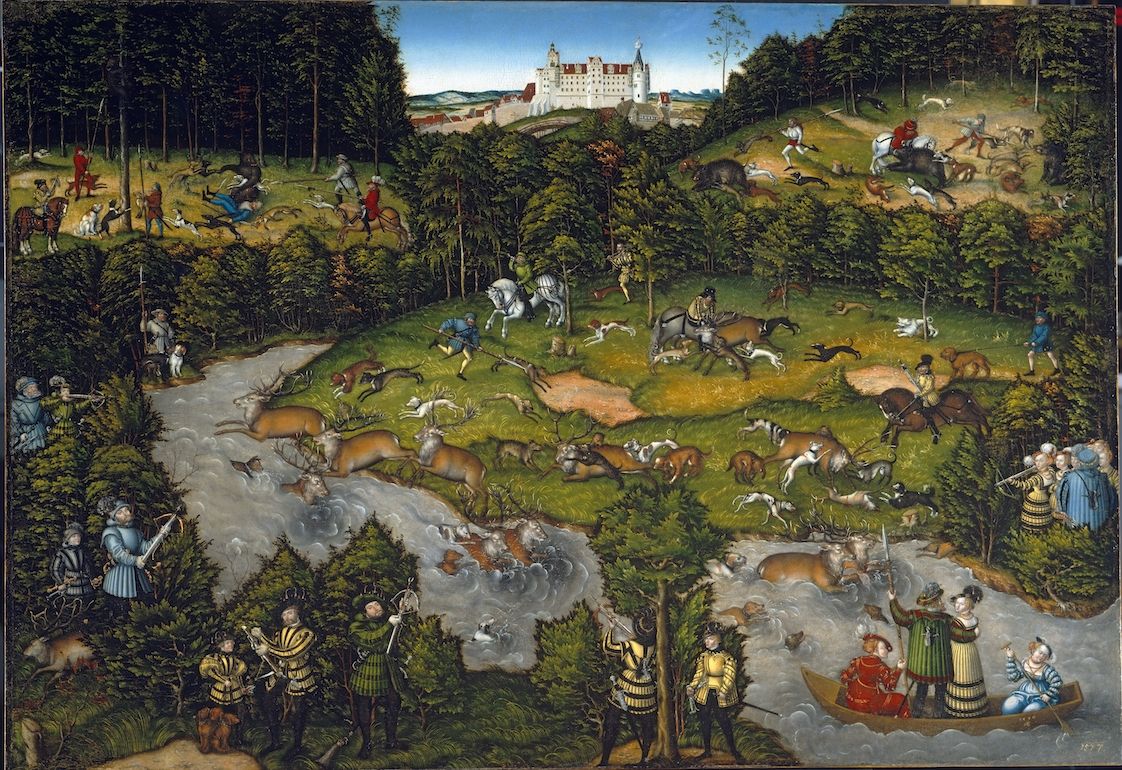 A detailed painting of a large-scale hunting scene in a lush landscape with a castle in the background.