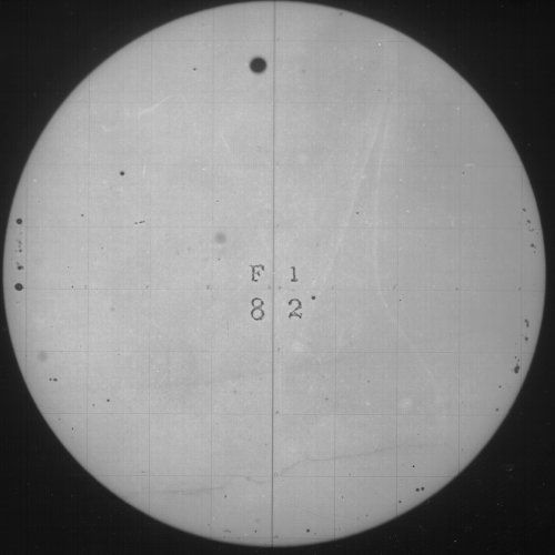 A circular view of the sun with a grid pattern and several sunspots, with the text 'F1 82' in the center.