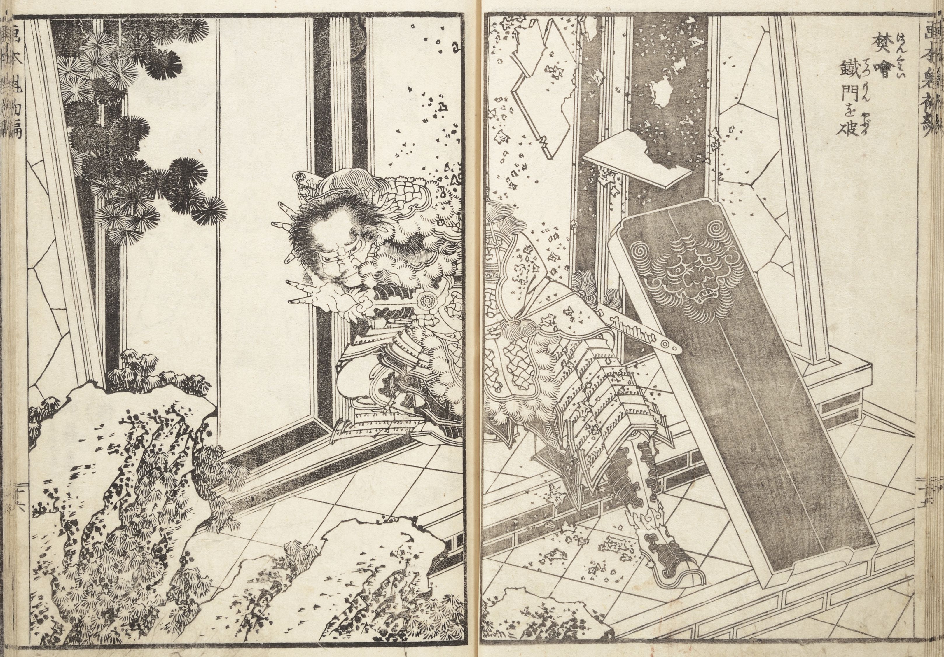 A diptych woodblock print depicting a flooded room with a man caught in the chaos. The scene is rendered in black and white with intricate linework and shading.