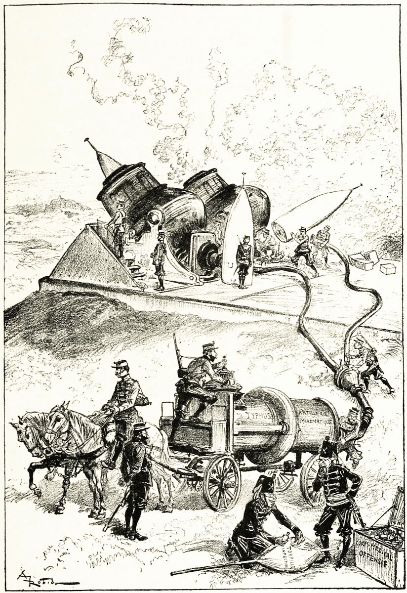 A black and white illustration of a crashed futuristic machine surrounded by uniformed men and a horse-drawn carriage.