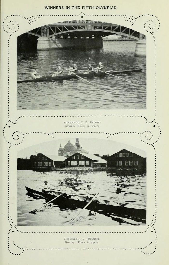 Vintage black and white photograph from the Fifth Olympiad, showcasing two rowing teams from Germany and Denmark.