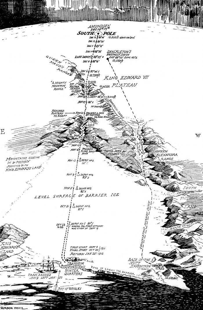 A vintage-style map of Antarctica, showing the South Pole, King Edward VII Glacier Plateau, and various depots and routes taken during an expedition. The map is rendered in black and white with detailed shading and contour lines.