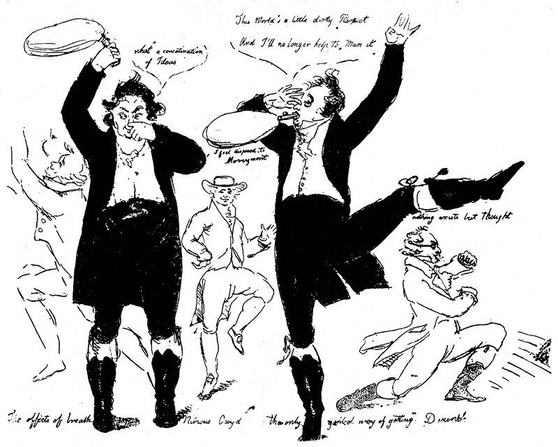 A black and white sketch of a man in four different poses, each with a different expression and text. The man is dressed in 18th-century clothing and appears to be in a state of ecstatic abandon or madness.