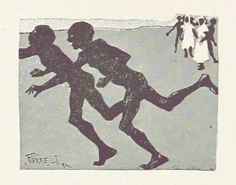 A graphic illustration of two silhouetted figures running or struggling, with a group of smaller figures in the background. The style is reminiscent of woodcut prints.