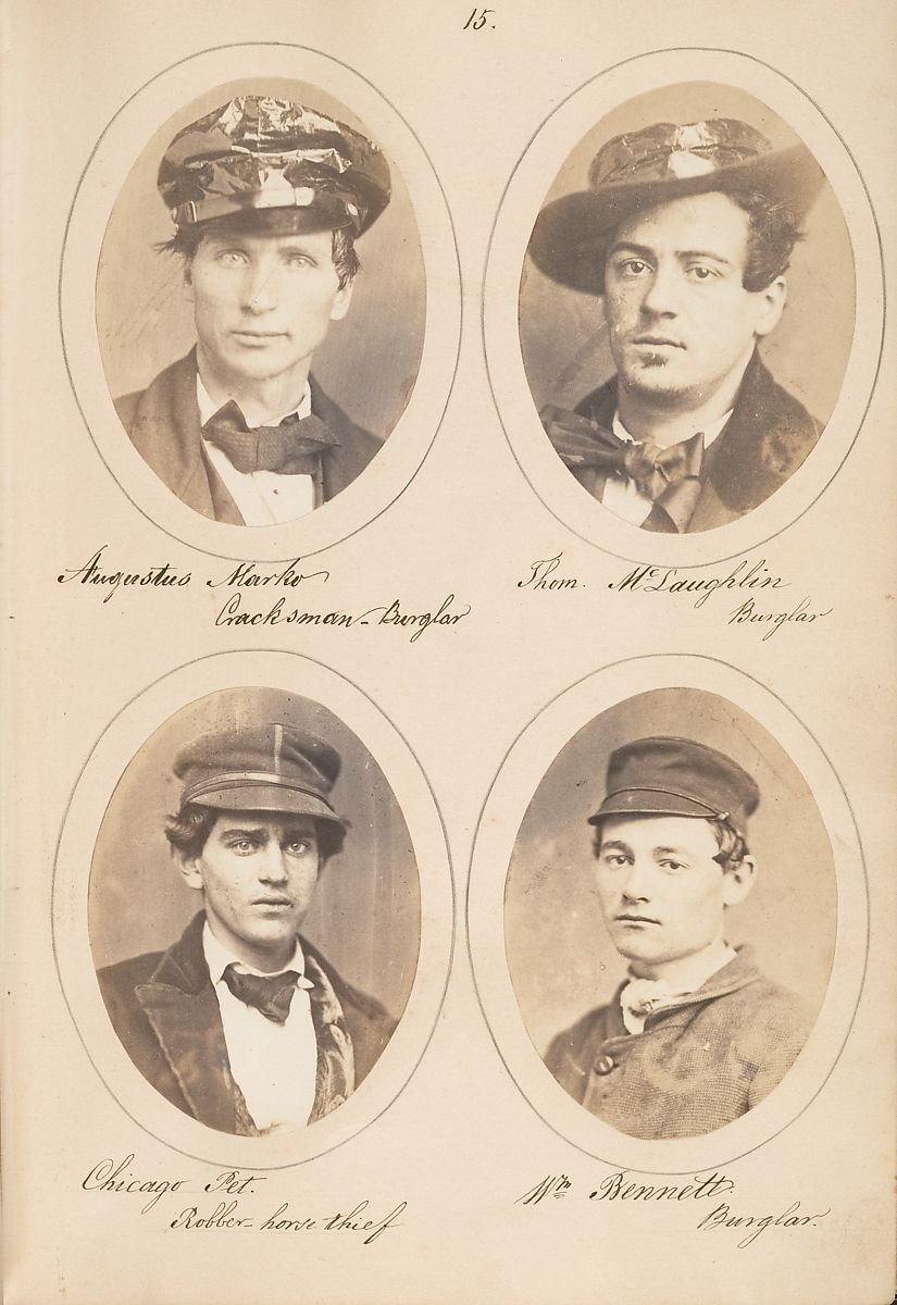 Four mugshots of men identified as burglars and thieves, arranged in a grid on a sepia-toned paper background.