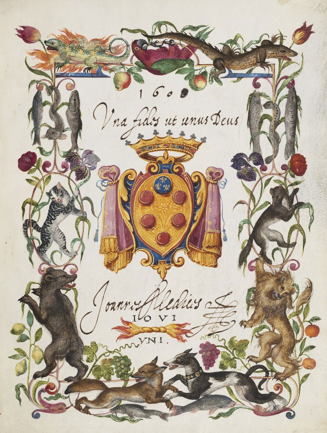 An ornate coat of arms surrounded by animals and foliage.