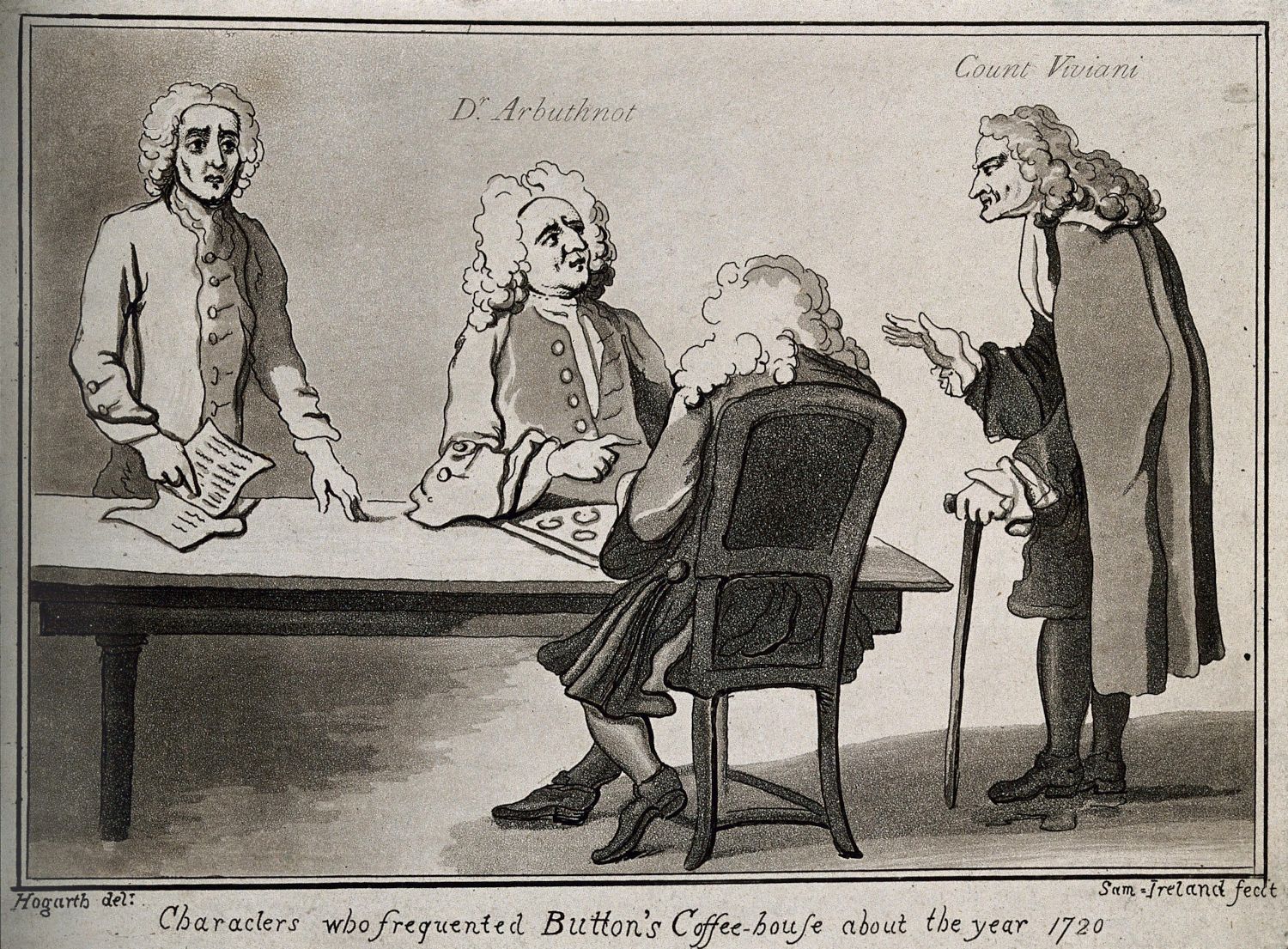 Black and white illustration of three men in a coffee house, labeled 'Characters who frequented Button's Coffee-house about the year 1720'.