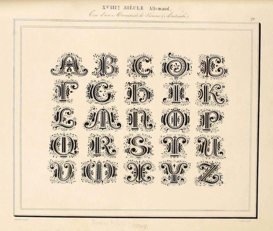 A page displaying an ornate alphabet in a historical German style, with each letter embellished with intricate swirls and flourishes.