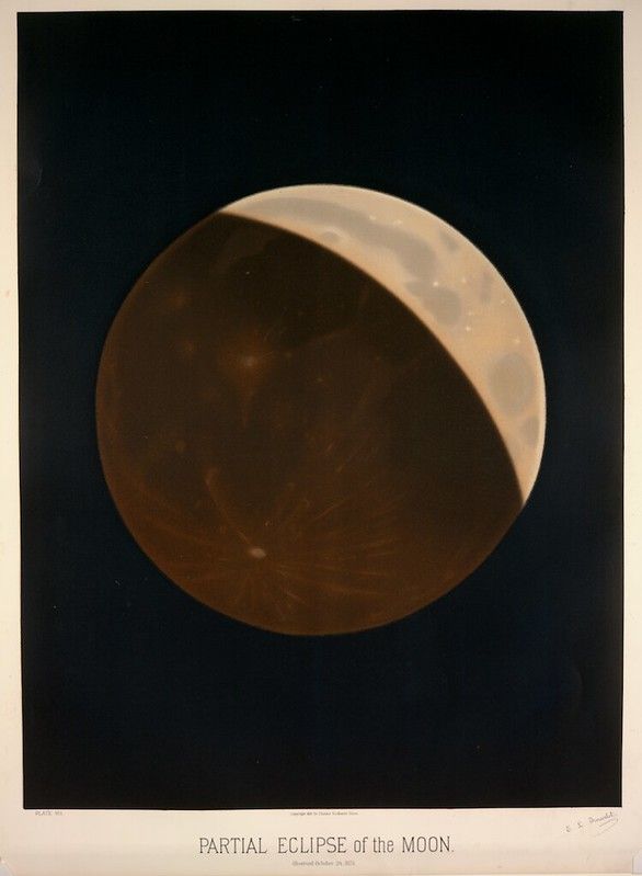 A vintage photograph of a partial eclipse of the moon, with half of the moon in shadow and the other half brightly lit.