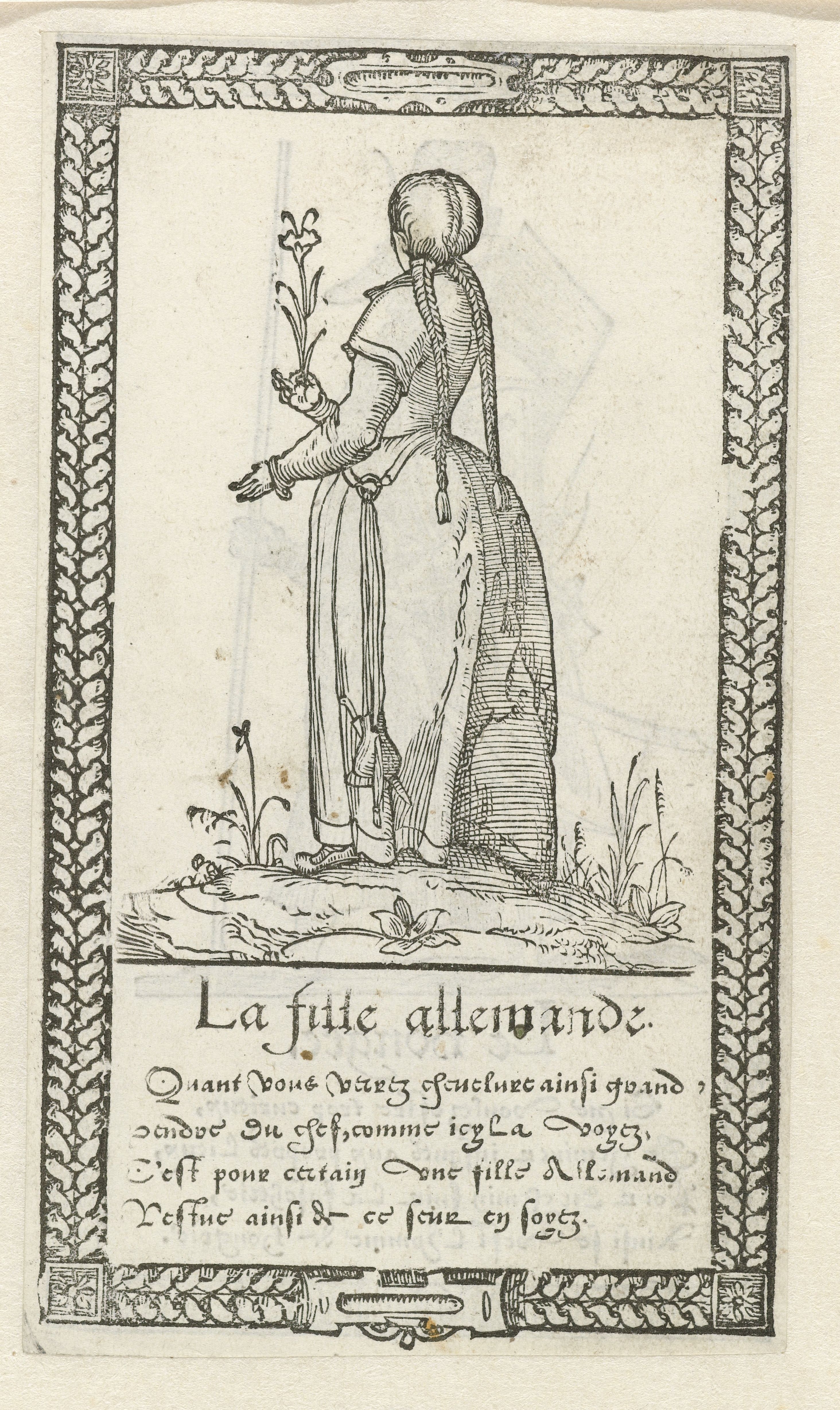 A black and white woodcut illustration of a young woman in a long dress holding flowers, framed by a decorative border with text below.