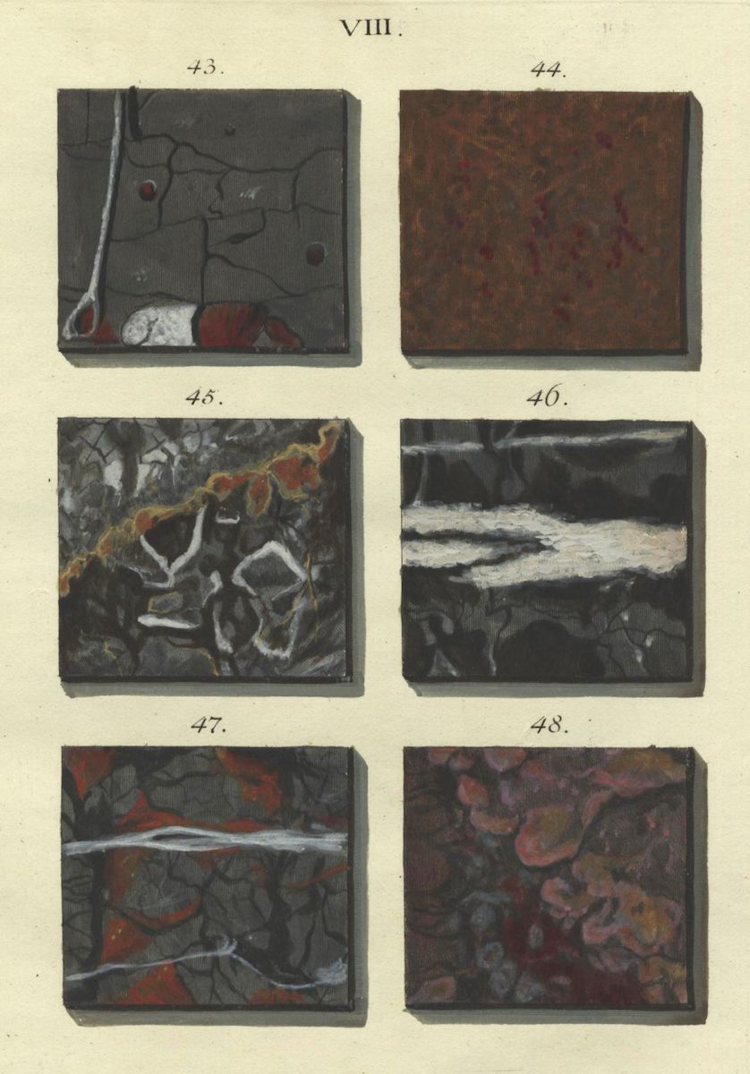 A vintage illustration featuring six square panels, each displaying a different textured pattern or design, arranged in two rows of three. Each panel is labeled with a number from 43 to 48.