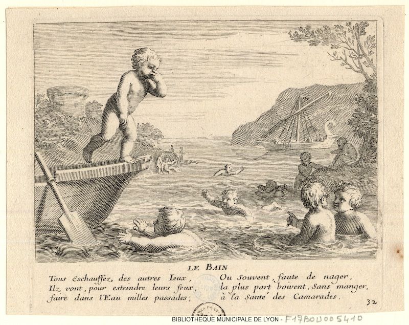 A black and white engraving depicting a playful scene of cherubs in water.
