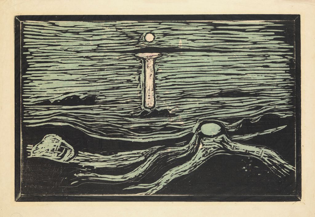 A monochromatic print depicting a sword plunged into water, with a rock and an eye visible beneath the surface.