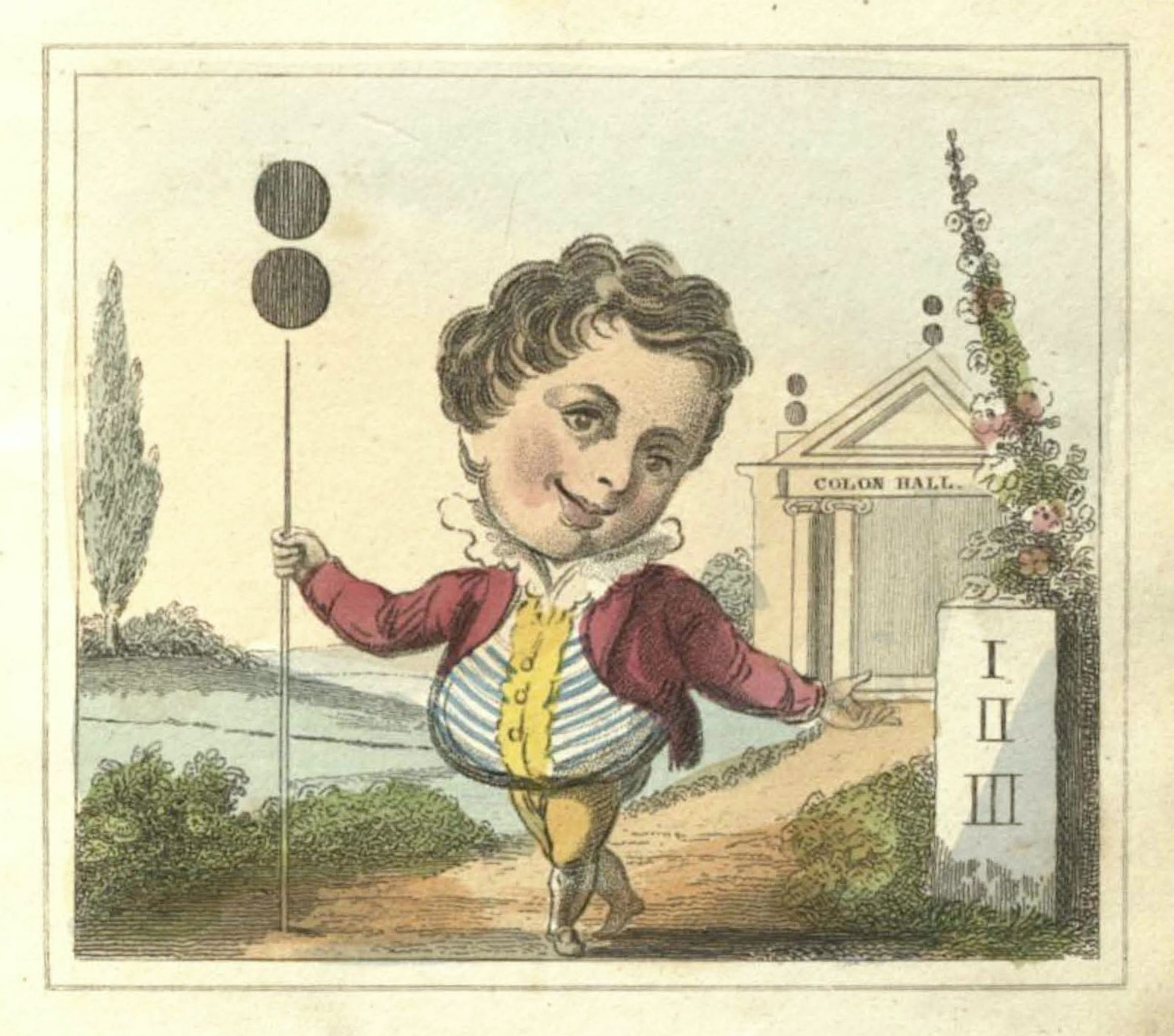 Cartoon of a man with a pole and balls in front of a building labeled 'COLON HALL'.