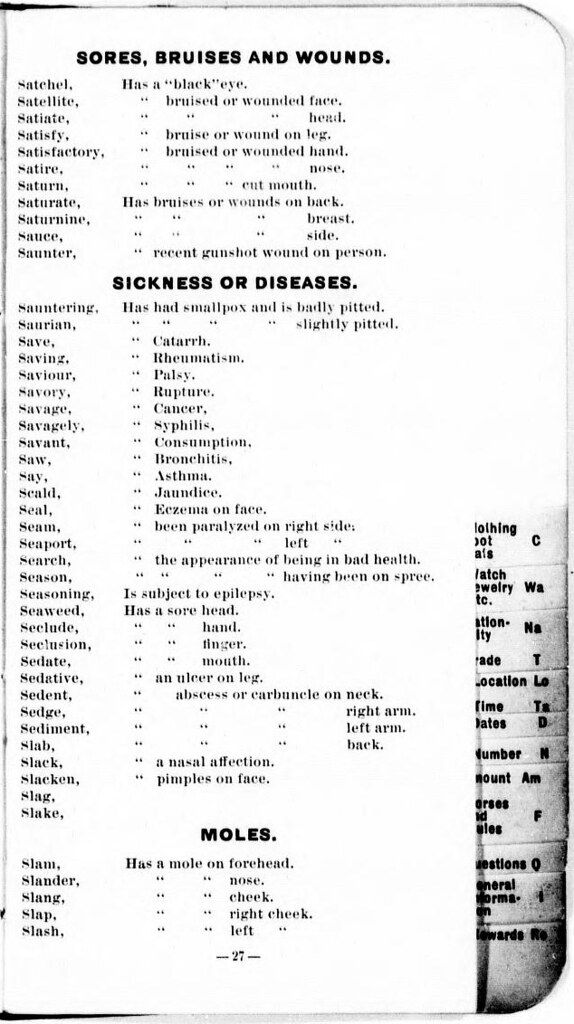 A page from an old document with a list of terms related to physical characteristics, injuries, and illnesses.