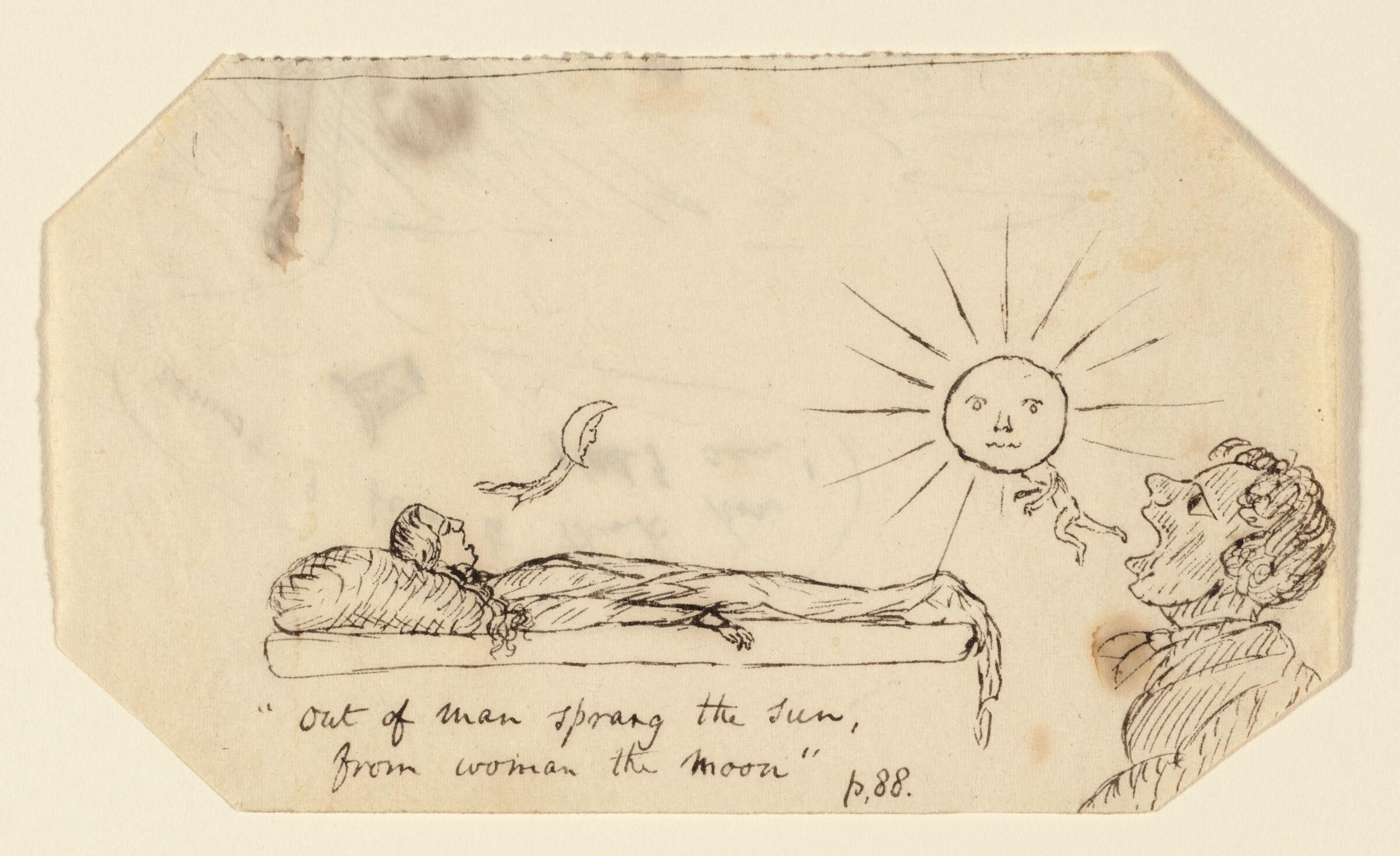 A sepia-toned drawing on aged paper depicting a surreal scene with a reclining woman extending her arm towards a crescent moon and a man looking up at a sun with a face. Handwritten text below reads: "Out of man sprang the sun, from woman the moon" followed by the number "88."