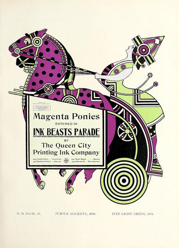Vintage illustration of magenta horse pulling a light green carriage with a banner advertising The Queen City Printing Ink Company.