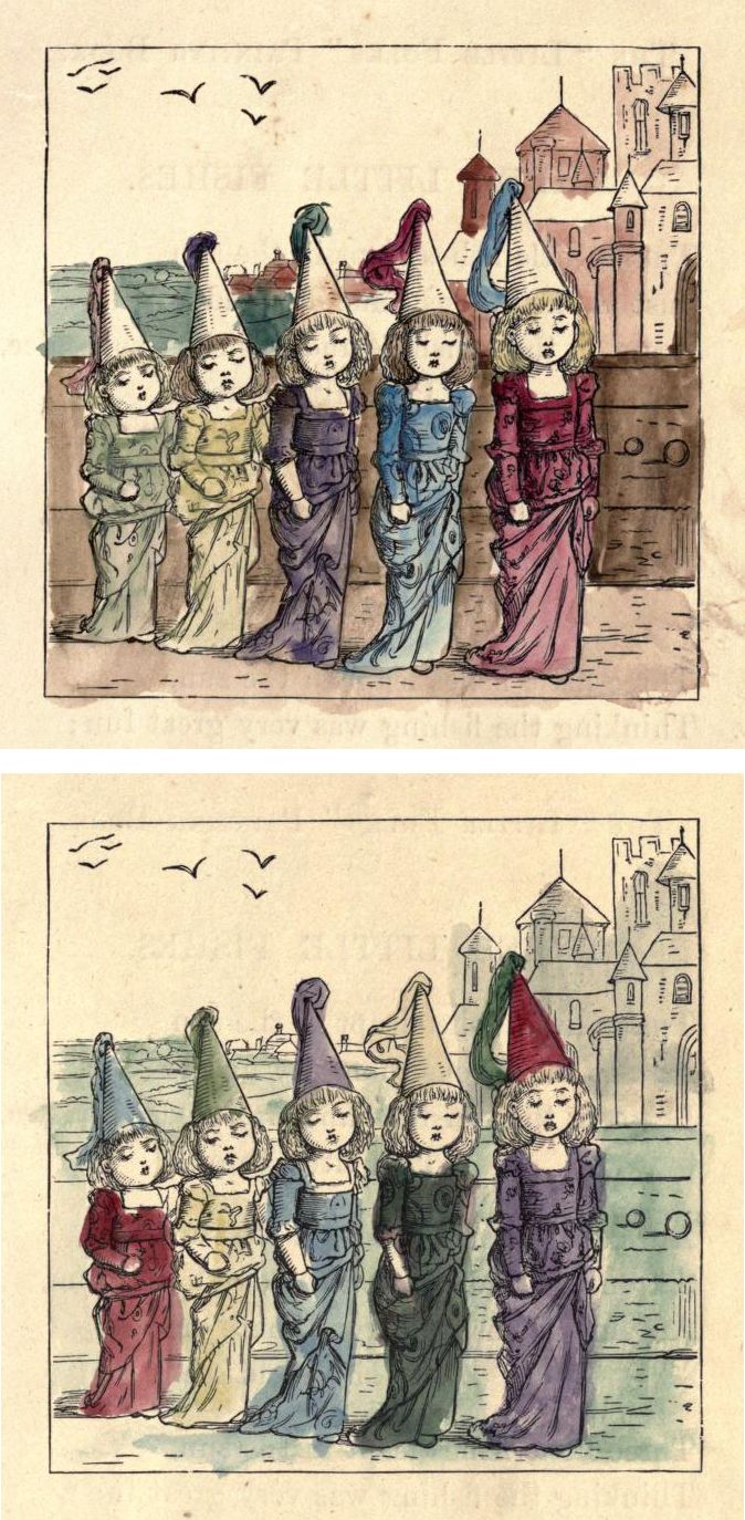 Vintage illustration of children in hats and dresses standing before a castle.