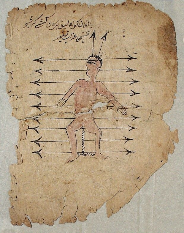 A historical medical illustration of a human figure with arrows pointing towards it, accompanied by text in an ornate script.
