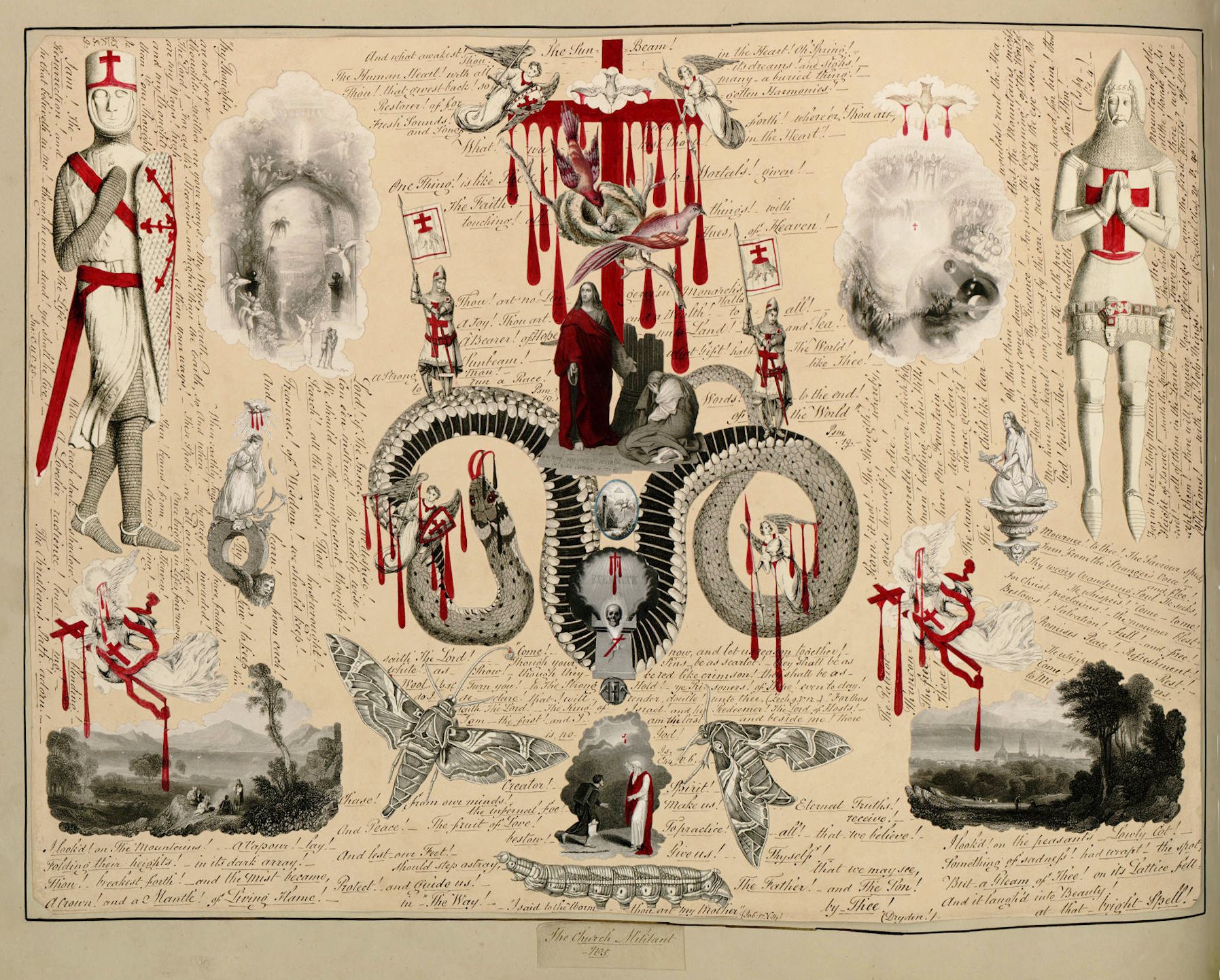 Antique print with a complex, symbolic composition featuring knights, women, skulls, landscapes, and religious symbols. The style is reminiscent of 19th-century allegorical prints or illustrations for gothic novels.