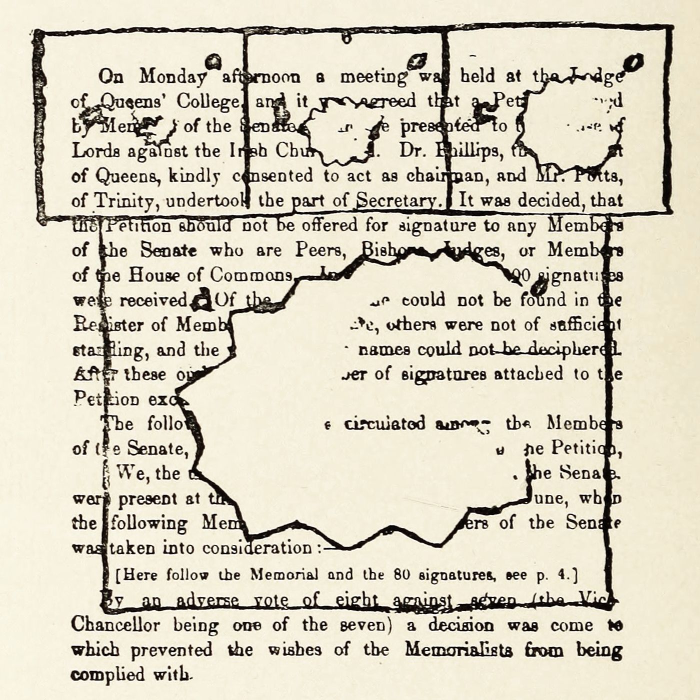 Close-up of a faded, handwritten document with dense text and a wavy line separating sections.