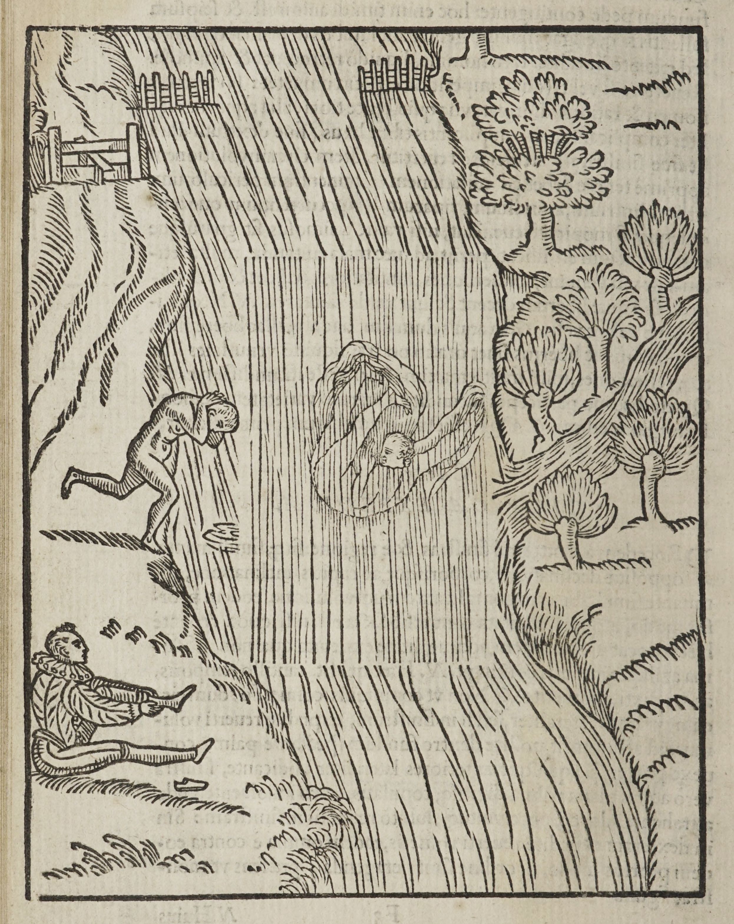 A black and white woodcut illustration depicting a dramatic scene in a landscape with figures running, falling, and lying prone.
