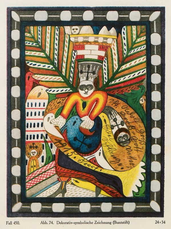 A colorful, symbolic drawing with a central figure seated in a chair, surrounded by intricate patterns and text.